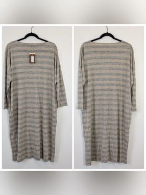 NEW Ichi Antiquites Striped 100% Linen Midi Dress Free Size Lagenlook Minimalist